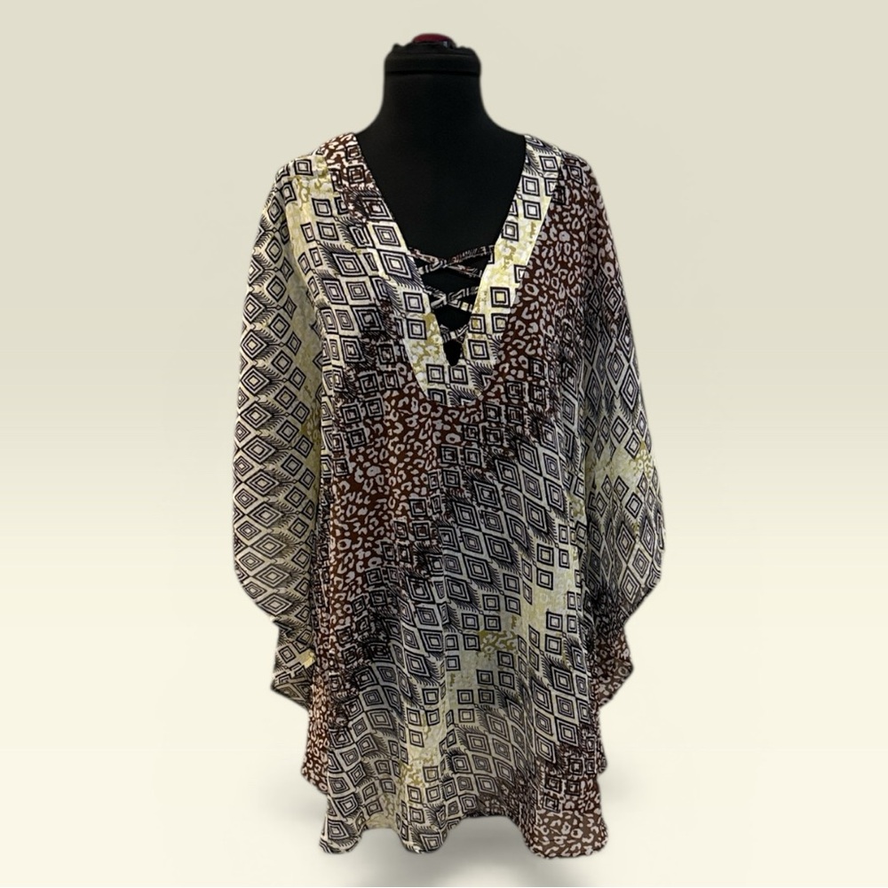 Catherines Neutral Geo & Animal Print Top - Black, Brown, Cream
